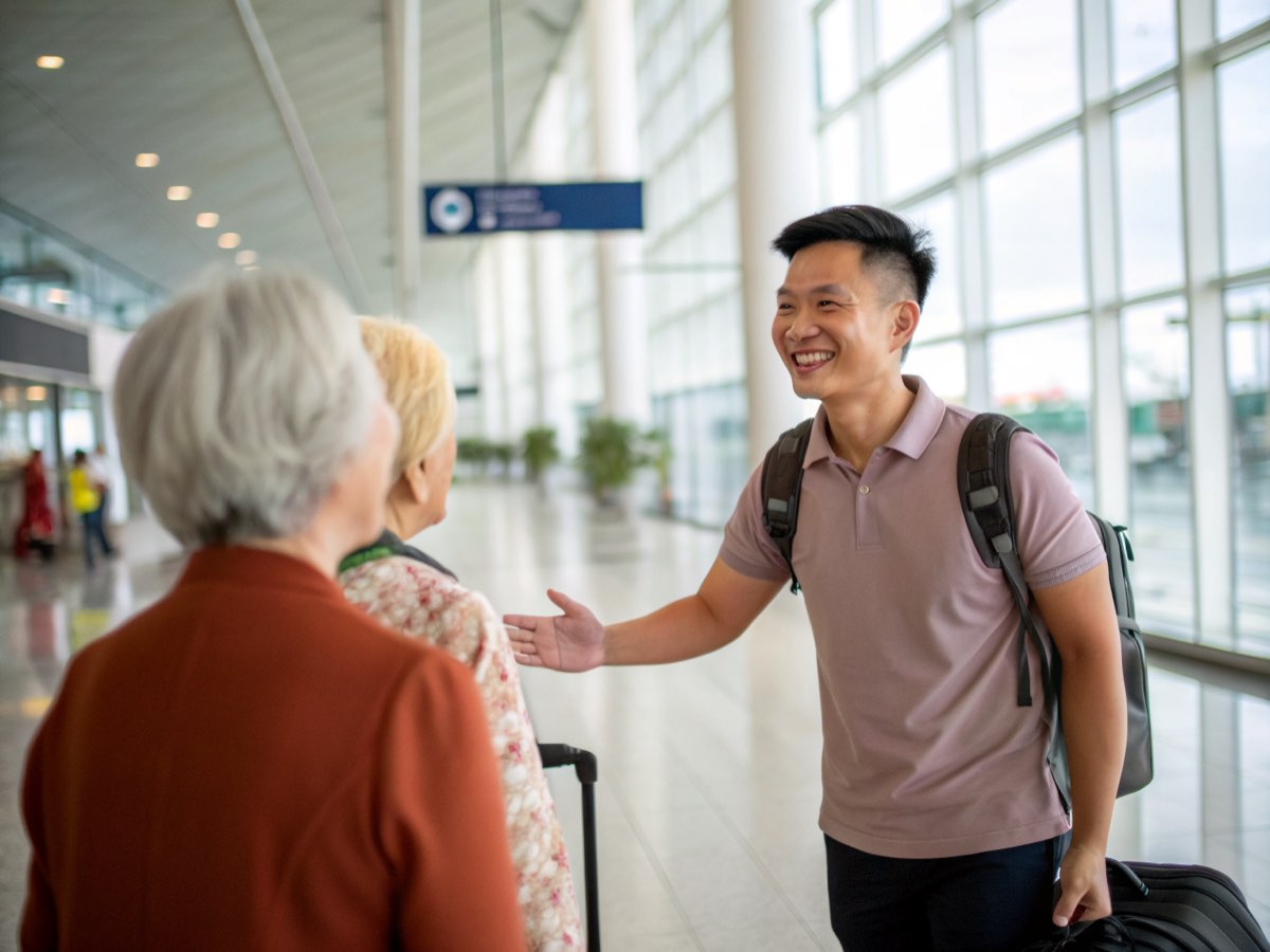 An advisor greeting an arriving couple at the airport in Ho Chi Minh City