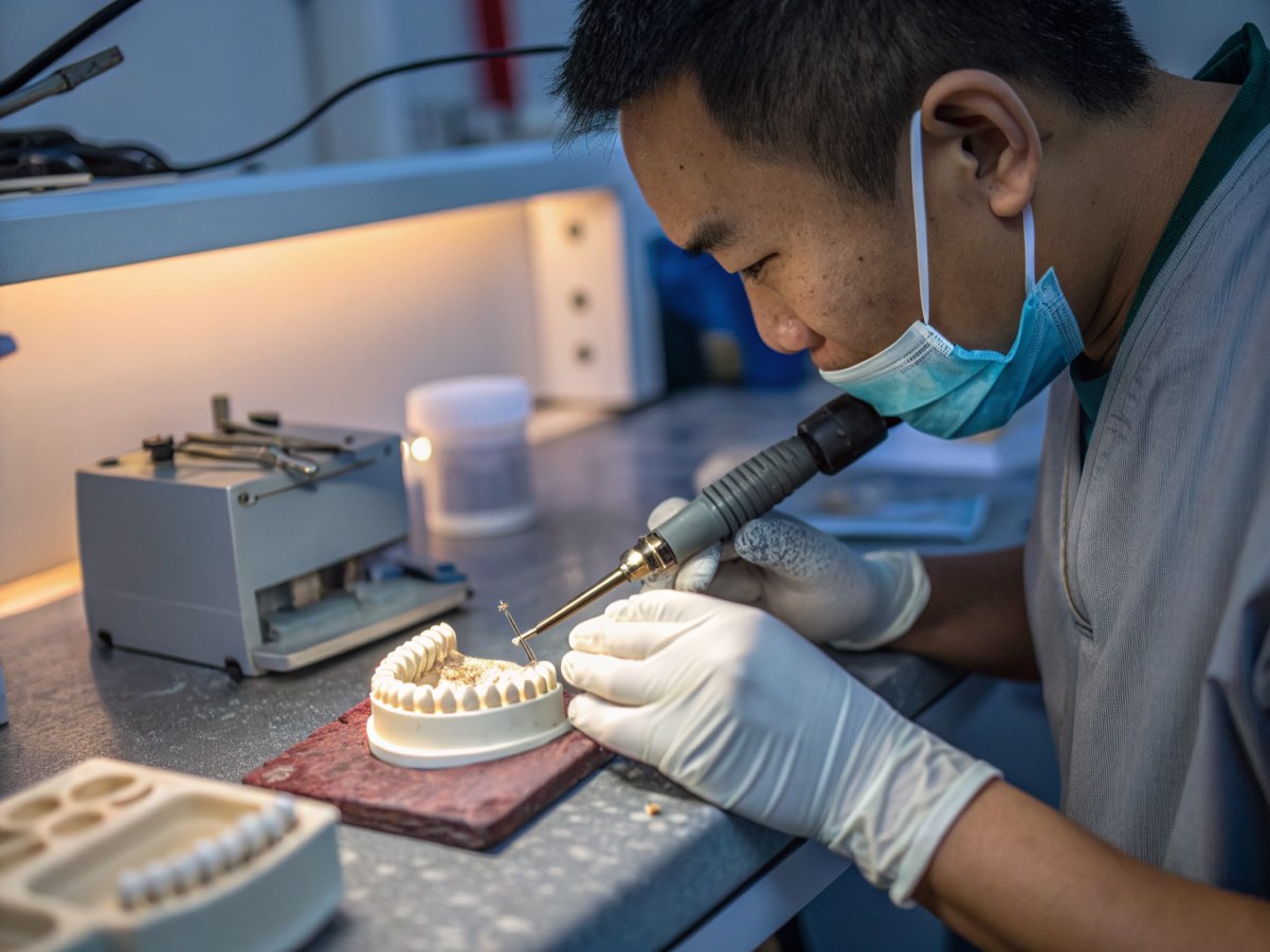 A dental technician shaping a ceramic crown at the named laboratory