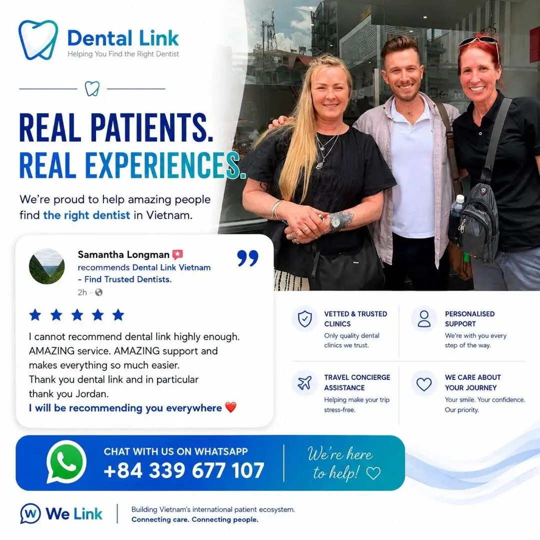 Dental Link card: Samantha Longman with Jordan and another patient outside a clinic